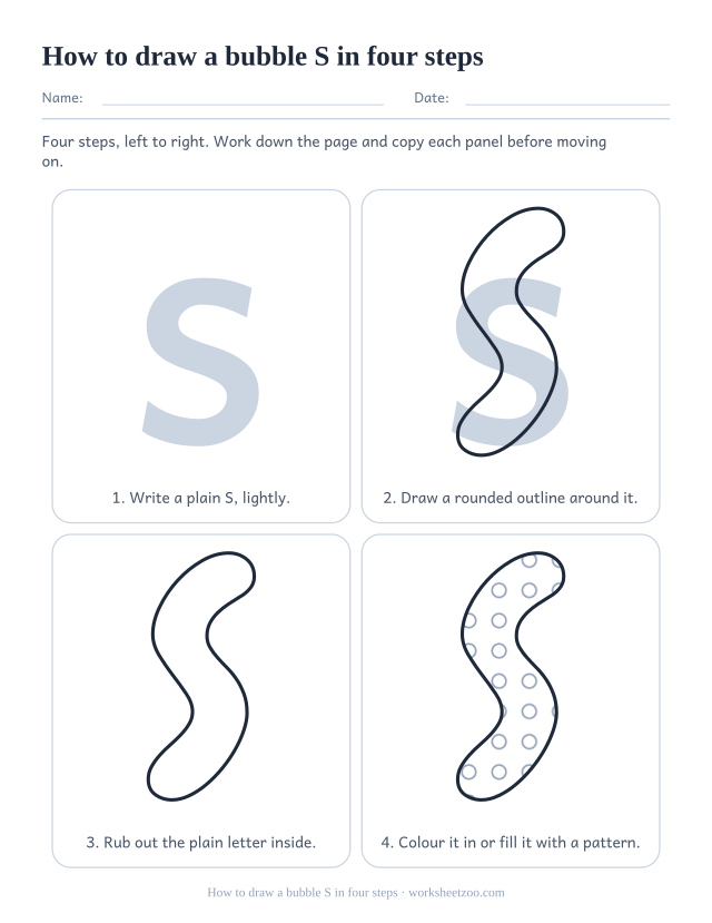 How to draw bubble letter S step by step, four panels from a plain S to a filled bubble S