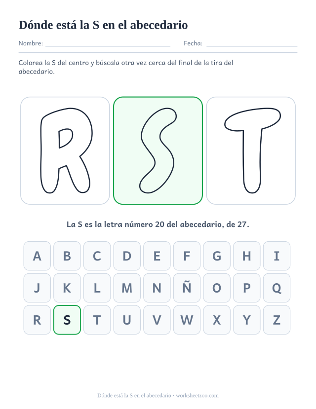 Lámina del lugar de la letra S, la S burbuja entre sus vecinas sobre una tira del abecedario marcada