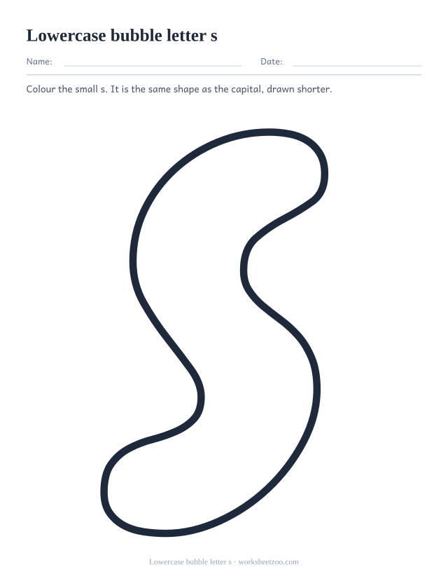 Printable lowercase bubble letter s, a big rounded outline small s to colour