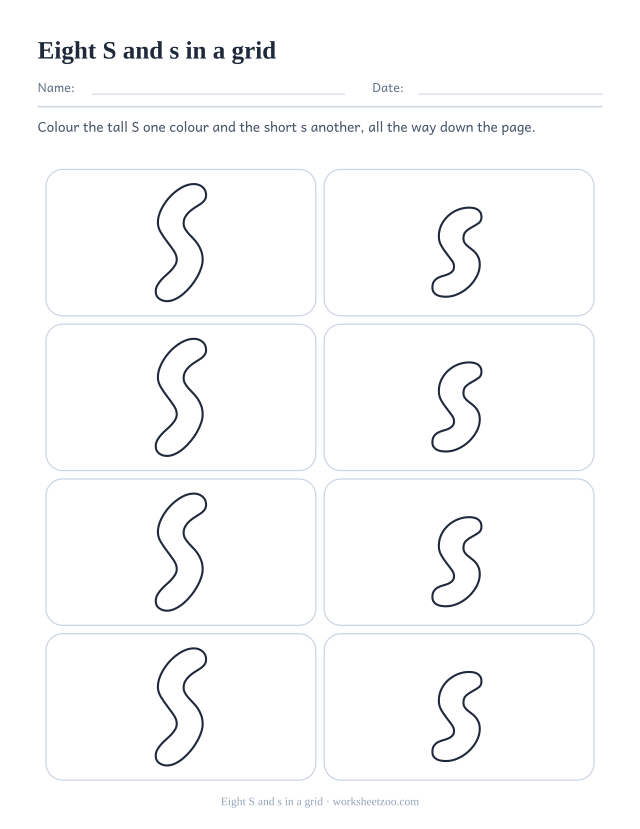 Printable grid of eight bubble letters alternating capital S and small s