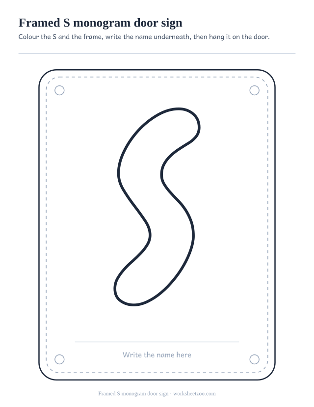 Printable S monogram sign, a framed bubble letter S above a name line