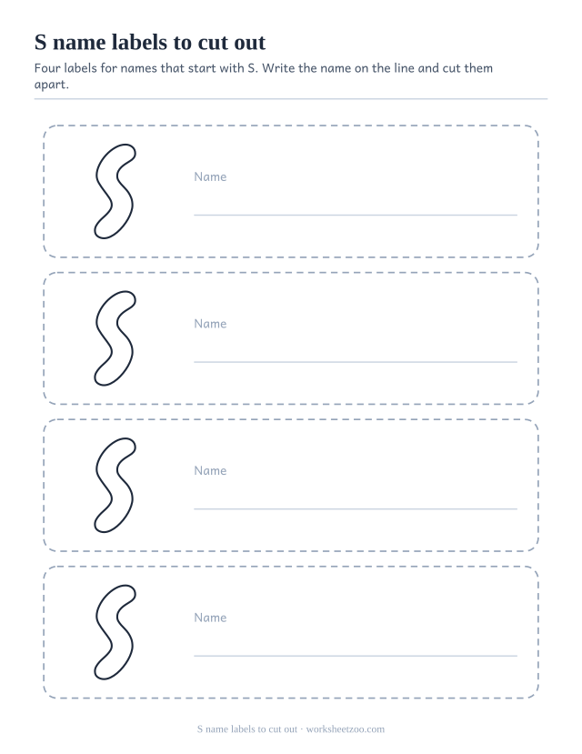 Printable name labels with the bubble letter S initial and a ruled writing line