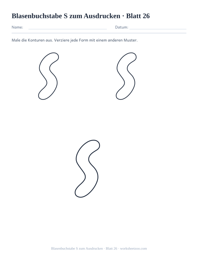 Vorschau: Blasenbuchstabe S zum Ausdrucken, druckbares Arbeitsblatt 26