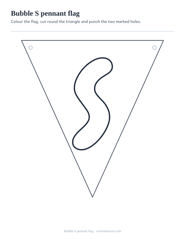 Printable bubble letter S pennant, one triangular banner flag with the S and punch holes