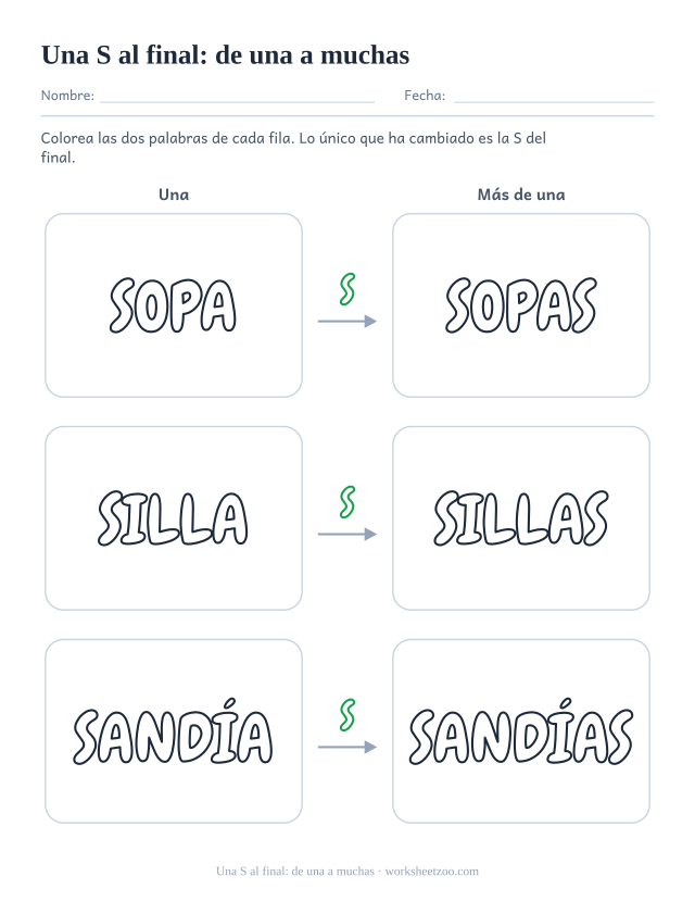 Ficha de singular y plural en letras burbuja, tres palabras con la S final que las convierte en plural