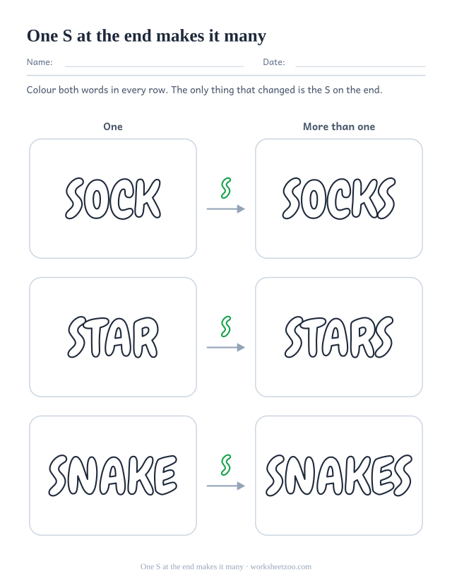 Singular and plural bubble letters worksheet, three S words shown with and without the S that makes them plural