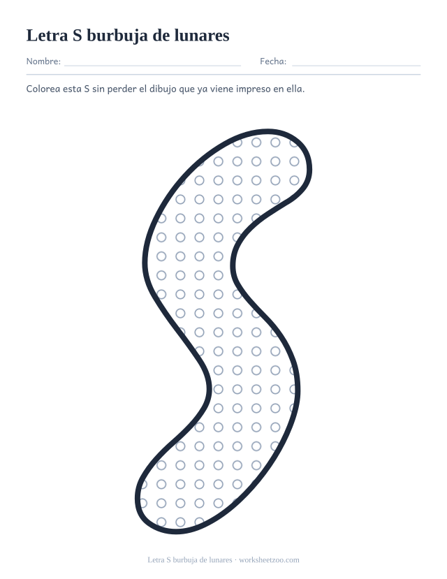 Letra S burbuja de lunares para imprimir, un contorno grande relleno de círculos para colorear alrededor