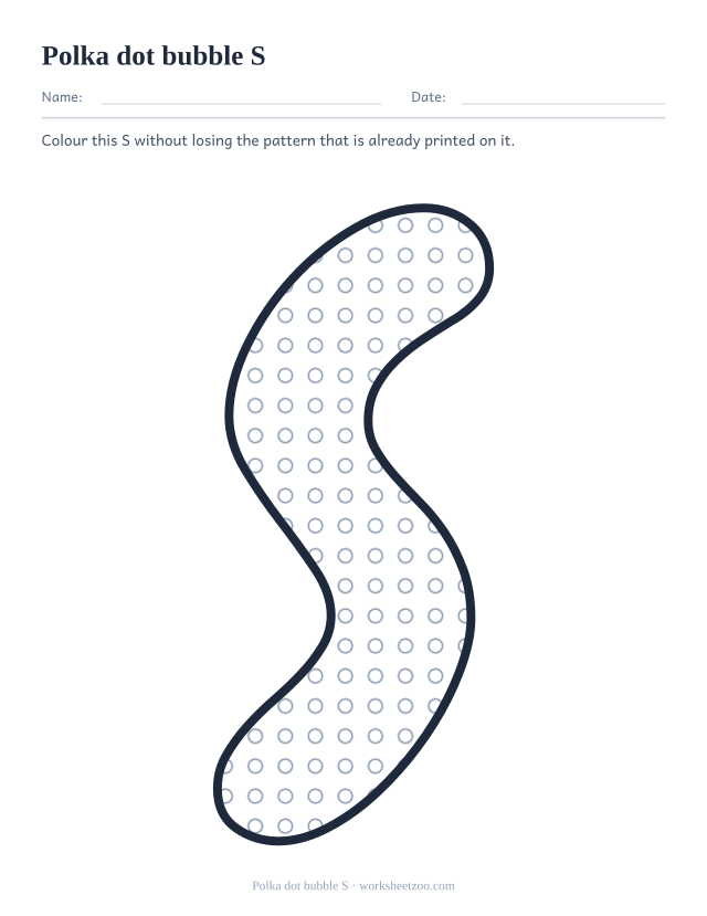 Printable polka dot bubble letter S, a big S outline filled with circles to colour around