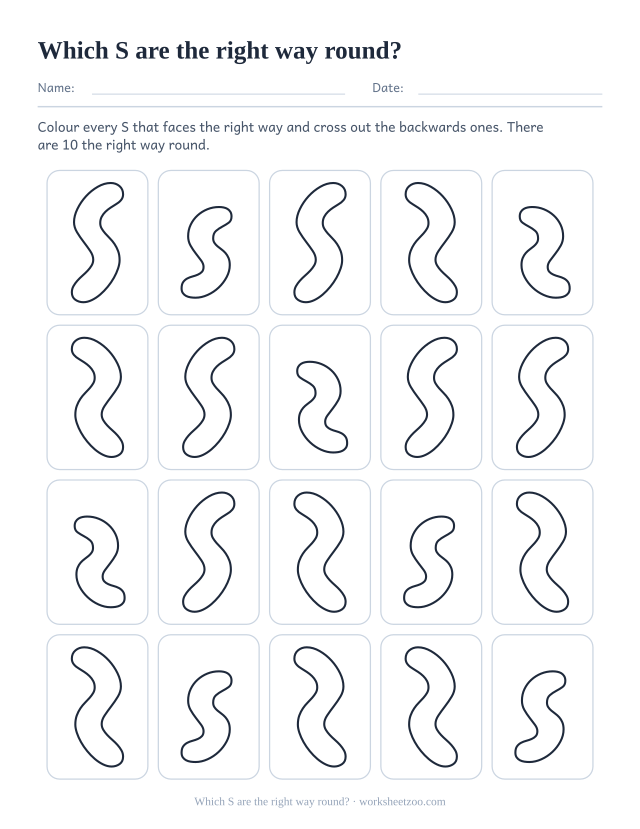 Backwards S worksheet, a grid of bubble letter S with some of them mirrored to find and colour