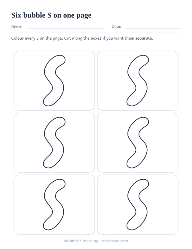 Printable sheet of six bubble letter S outlines in three rows of two