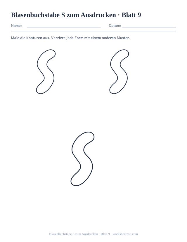 Vorschau: Blasenbuchstabe S zum Ausdrucken, druckbares Arbeitsblatt 9