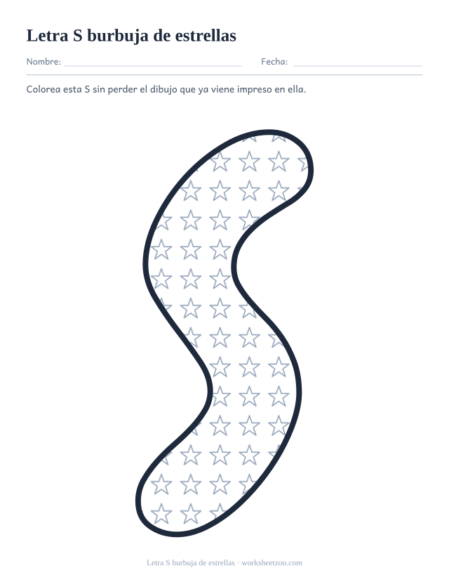 Letra S burbuja de estrellas para imprimir, un contorno relleno de estrellas pequeñas
