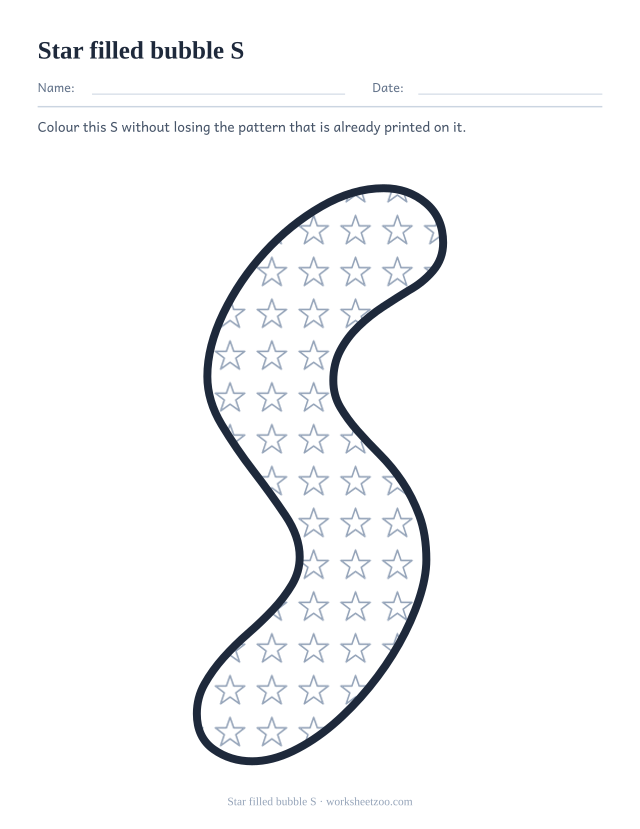 Printable star pattern bubble letter S, a S outline filled with small outlined stars