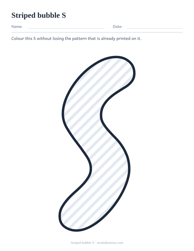 Printable striped bubble letter S, a large S outline crossed by diagonal bands