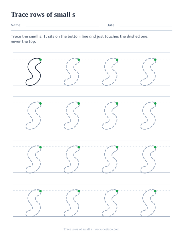 Lowercase bubble letter s tracing worksheet, four rows of dotted small s on handwriting guides