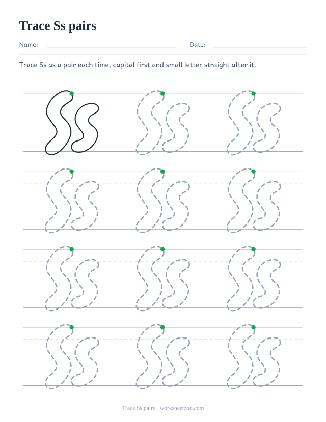 Bubble letter Ss pairs tracing worksheet, twelve dotted capital and small pairs on guides