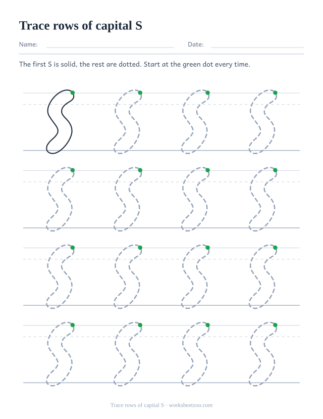 Bubble letter S tracing rows worksheet, sixteen dotted capital S on three-line handwriting guides