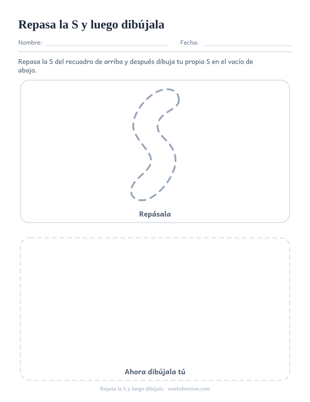 Ficha para repasar y dibujar la letra S burbuja, una S punteada sobre un recuadro vacío