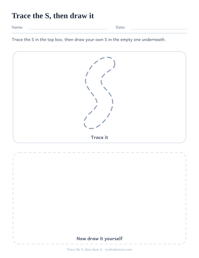 Trace and draw bubble letter S worksheet, a dotted S above an empty box for a freehand one