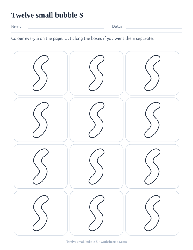 Printable sheet of twelve small bubble letter S outlines in a three by four grid