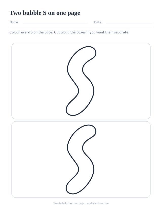 Printable sheet with two large bubble letter S outlines stacked one above the other