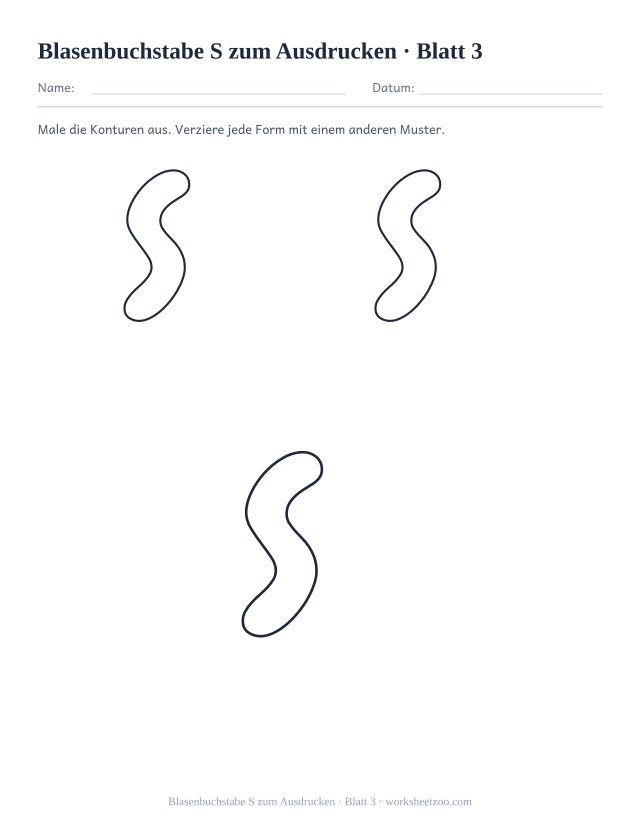 Vorschau: Blasenbuchstabe S zum Ausdrucken, druckbares Arbeitsblatt 3