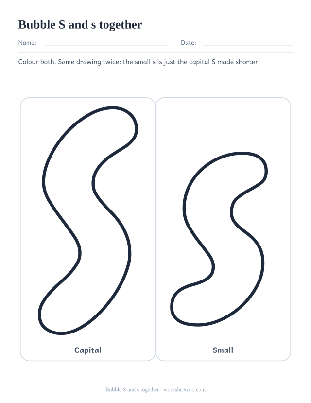 Printable bubble letters S and s side by side, capital and small in matching boxes