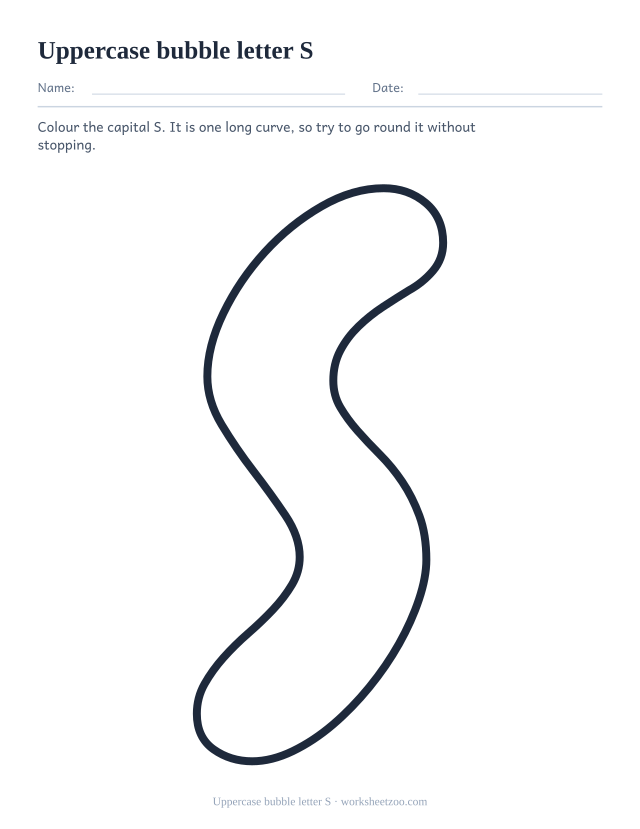 Printable uppercase bubble letter S, one giant rounded outline capital S filling the page