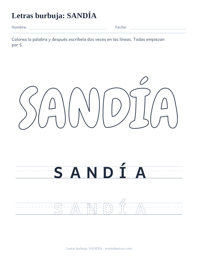 Letras burbuja de la palabra SANDÍA para imprimir, una palabra con S y con tilde para colorear