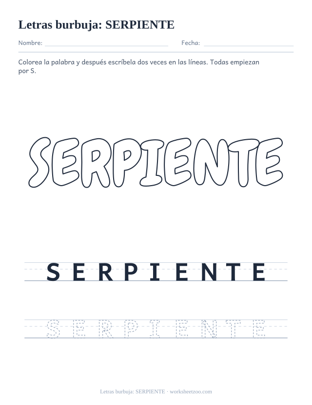 Letras burbuja de la palabra SERPIENTE para imprimir, una palabra larga con S para colorear