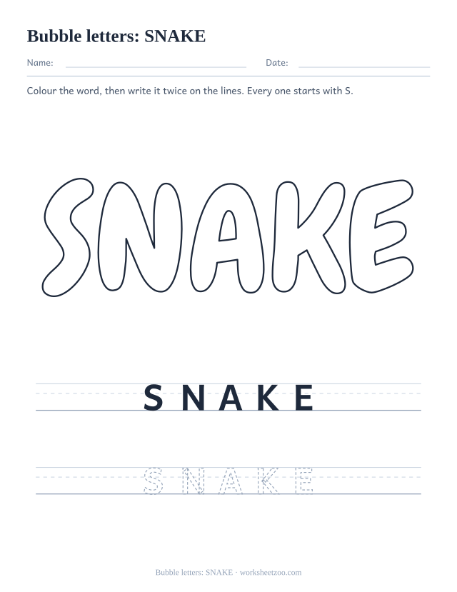 Printable bubble letters spelling SNAKE, a five letter S word to colour and trace