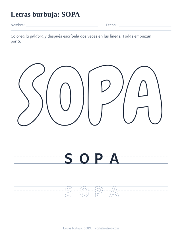 Letras burbuja de la palabra SOPA para imprimir, una palabra corta con S para colorear