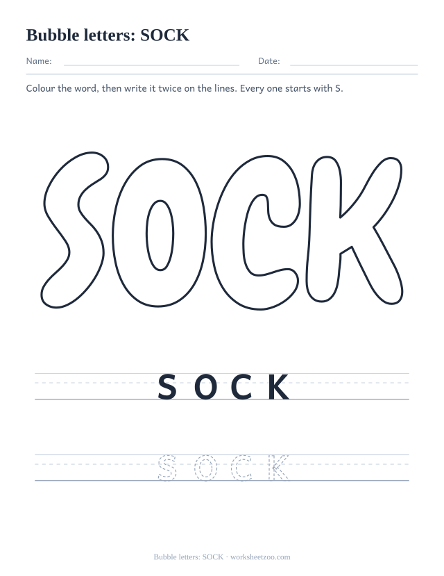 Printable bubble letters spelling SOCK, a four letter S word to colour in and trace