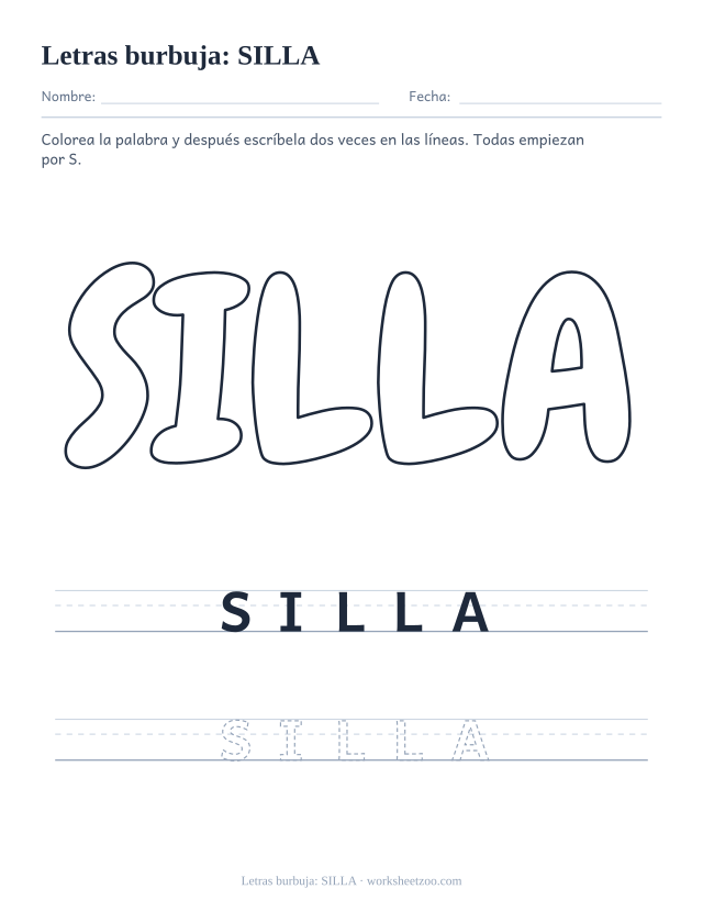 Letras burbuja de la palabra SILLA para imprimir, una palabra con S para colorear y escribir