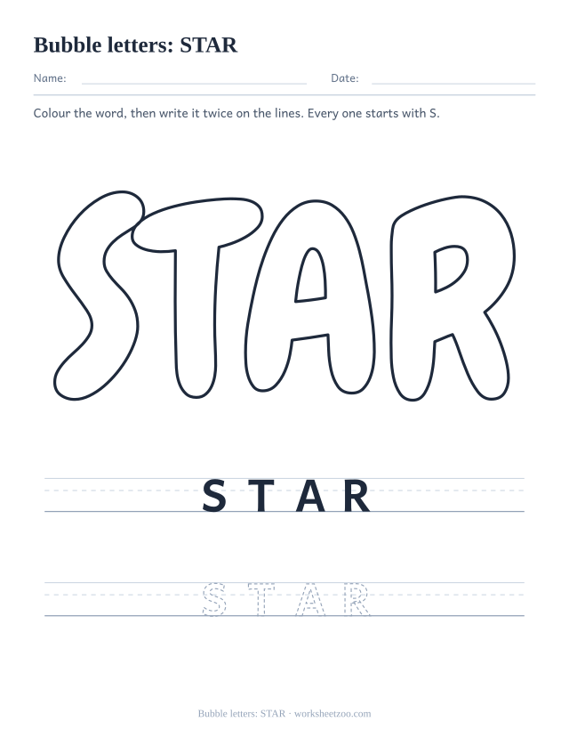 Printable bubble letters spelling STAR, a four letter S word to colour and write