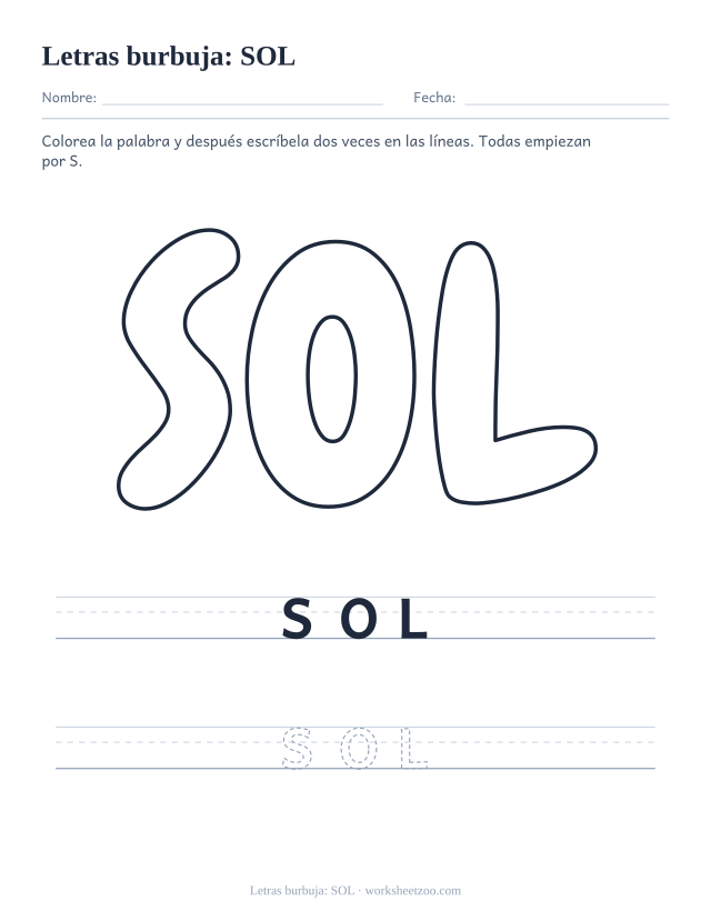 Letras burbuja de la palabra SOL para imprimir, una palabra de tres letras con S para colorear
