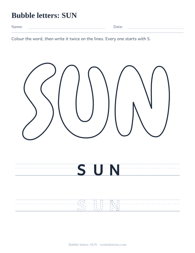 Printable bubble letters spelling SUN, a three letter S word to colour in and then trace