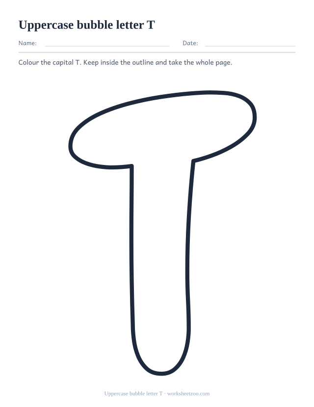 Printable uppercase bubble letter T, one giant rounded outline capital T filling the page