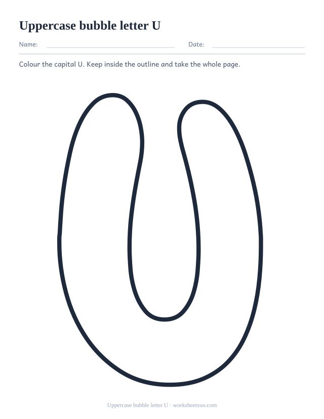 Printable uppercase bubble letter U, one giant rounded outline capital U filling the page