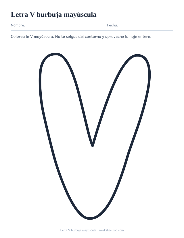 Letra V burbuja mayúscula para imprimir, un contorno redondeado gigante que ocupa la hoja