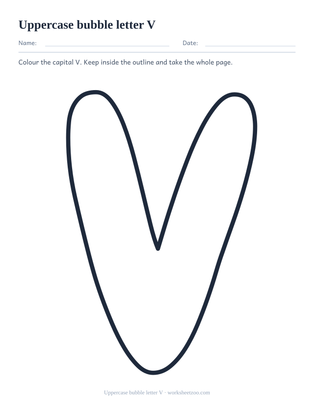 Printable uppercase bubble letter V, one giant rounded outline capital V filling the page