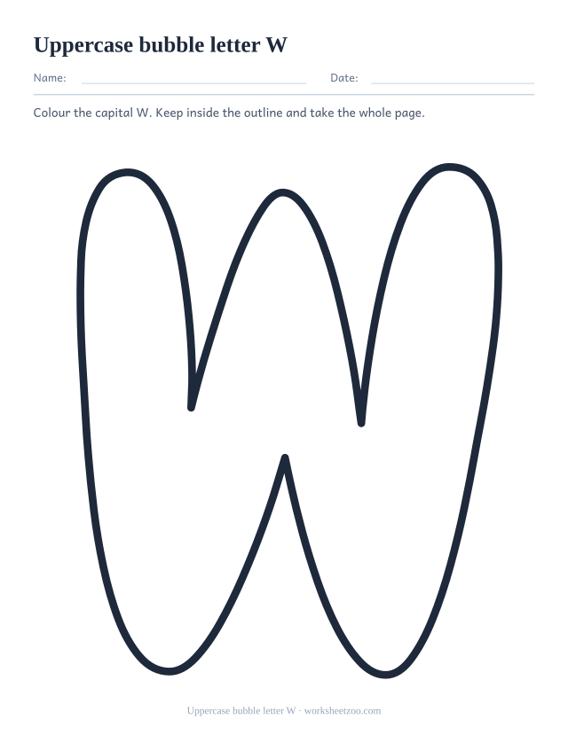 Printable uppercase bubble letter W, one giant rounded outline capital W filling the page