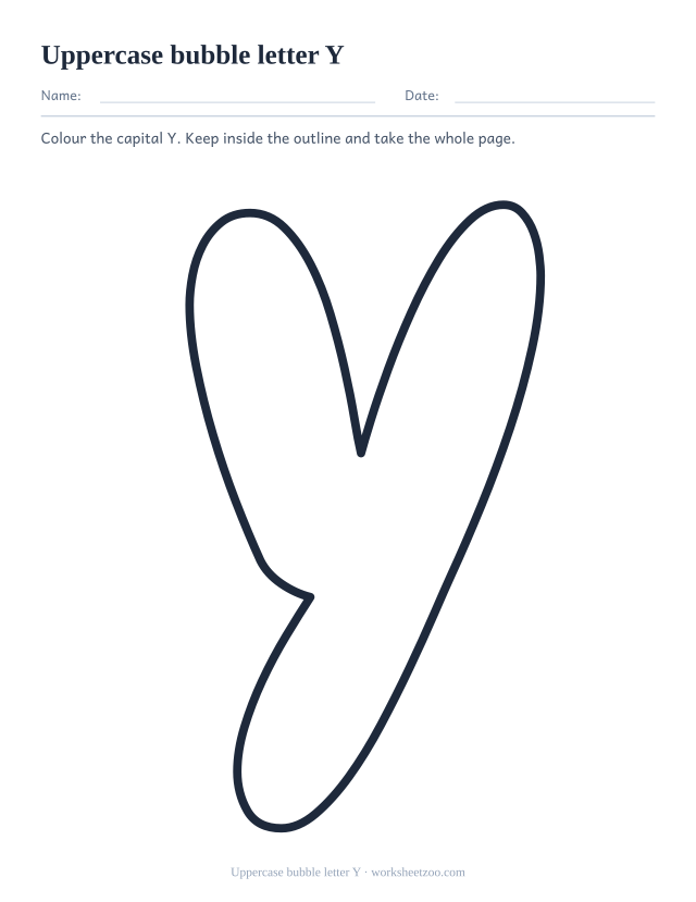 Printable uppercase bubble letter Y, one giant rounded outline capital Y filling the page