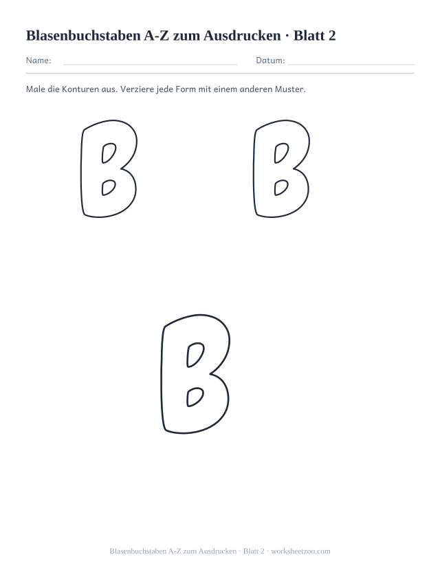 Vorschau: Blasenbuchstaben A-Z zum Ausdrucken, druckbares Arbeitsblatt 2