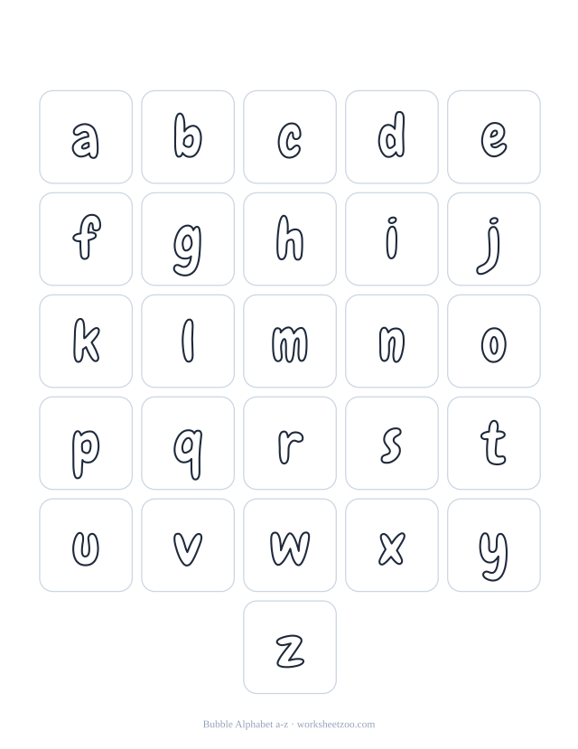 Printable lowercase bubble alphabet poster, all 26 small letters in rounded outline to colour