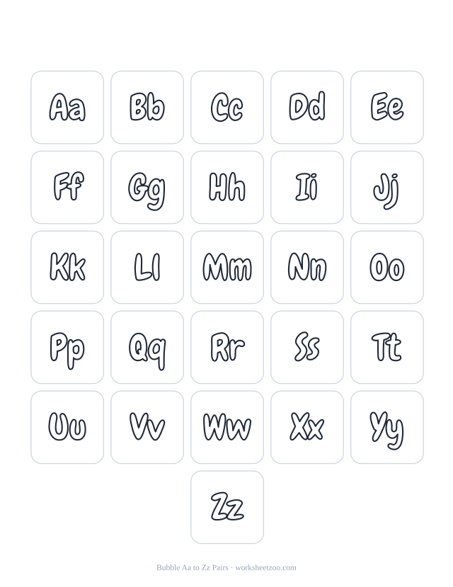 Printable bubble letter pairs poster, uppercase and lowercase Aa to Zz in rounded outline