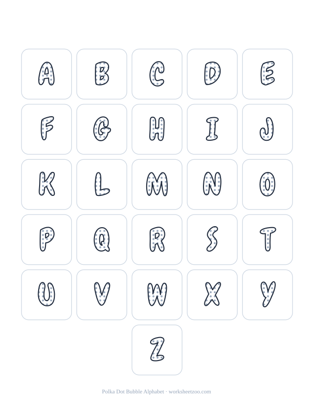 Printable polka dot bubble alphabet poster, A to Z outline letters filled with dots to colour