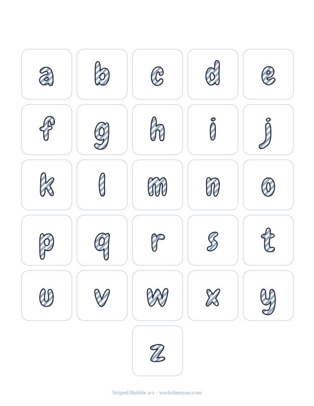 Printable striped bubble lowercase alphabet, a to z letters filled with diagonal stripes