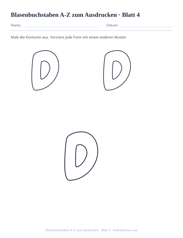 Vorschau: Blasenbuchstaben A-Z zum Ausdrucken, druckbares Arbeitsblatt 4