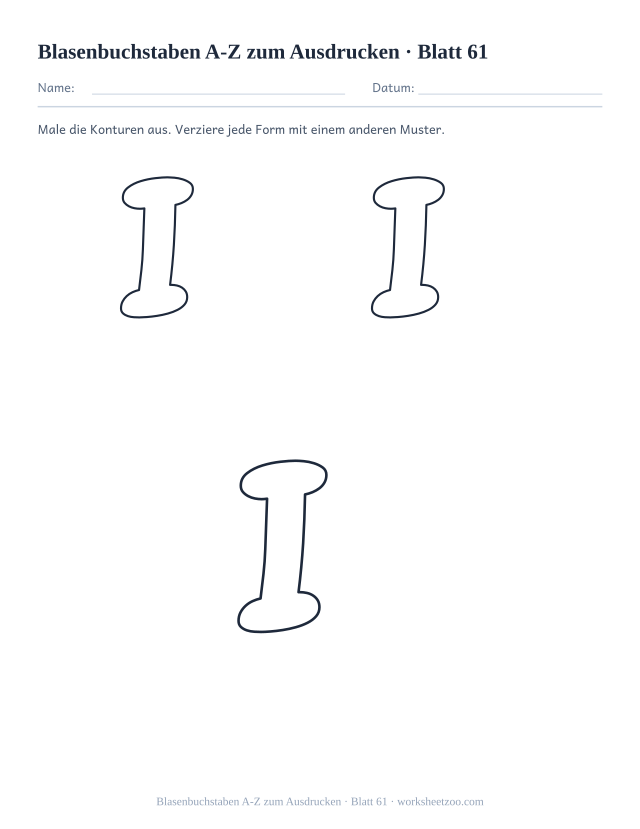 Vorschau: Blasenbuchstaben A-Z zum Ausdrucken, druckbares Arbeitsblatt 61